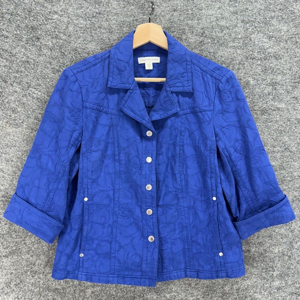 Coldwater Creek Jacket Women 10 Blue Button Up Collared Long Sleeve Pockets